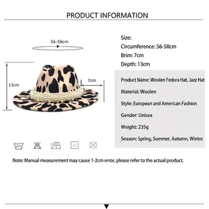 Chapeau fedora motif vache avec ruban de perles montrant les dimensions du produit