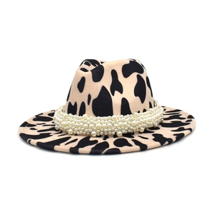 Chapeau Fedora Imprimé Animal Vache Léopard Feutre De Laine Bord Large Avec Bande Künstliche Perles Pour Femmes Mode Hiver