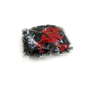 Macro detail of 2m Christmas ribbon set with red bows packaged in transparent plastic bag