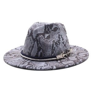 British style grey-blue snake print fedora with braided rope and silver anchor charm