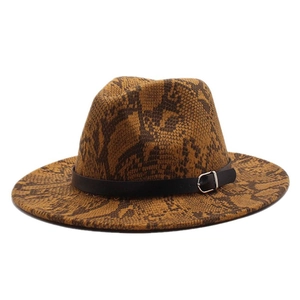 Close-up of snakeskin print fedora with black leather band and silver metal buckle