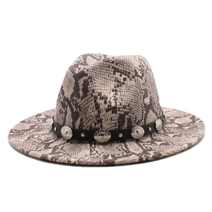 Flat brim fedora hat with snake pattern and leather band featuring silver concho studs