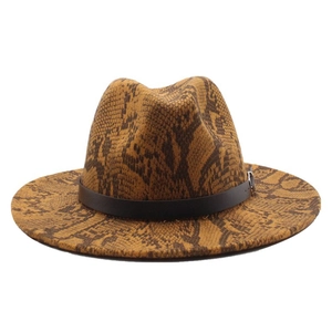 Detail of wool fedora hat with snakeskin pattern and dark brown leather belt strap
