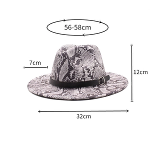 Detailed size chart of snake pattern wool fedora with 7cm brim and leather belt decoration