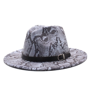 Detailed view of snake skin pattern wool fedora with a black leather buckled belt