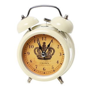 European vintage style white metal twin bell silent alarm clock with night light feature