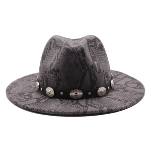 Close-up of gray snakeskin wool fedora with black leather band and silver embossed studs