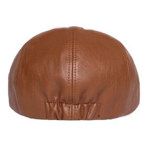 Brown leather beret hat featuring elastic back adjustment and premium vintage texture