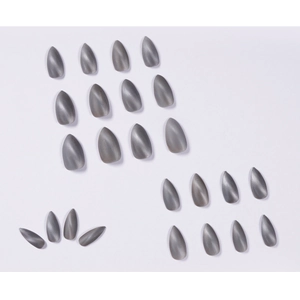 Set of 24 matte grey cat-eye pointed press-on nails displayed on a white background