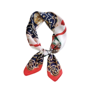 70cm square silk scarf with baroque carriage print and red blue decorative pattern