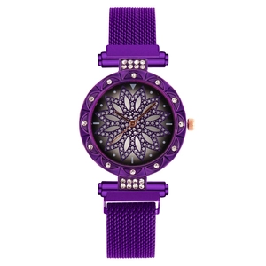 Deep purple women's quartz watch with rhinestone floral dial and magnetic mesh strap