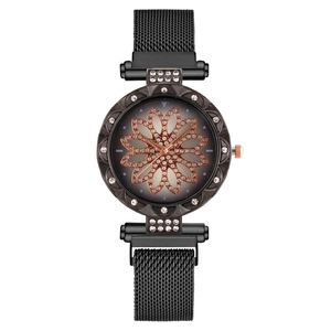Women's black stainless steel mesh watch with floral rhinestone dial design