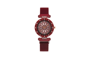 Detail of burgundy women's quartz watch with magnetic mesh strap and crystal accents