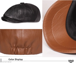 Detail view of leather newsboy caps in black and brown showing texture and stitching