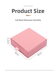 Detailed product size diagram of pink drawer jewelry box measuring 9cm x 9cm x 3.2cm