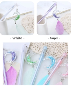 Detail of moon pendant pens with sequins and soft feathers in assorted pastel colors