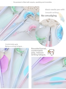 Detail of macaron gel pen showing smooth fine tip and sequin moon pendant attachment