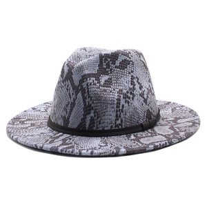 Chic snake print fedora hat with a wide brim and black decorative band for women