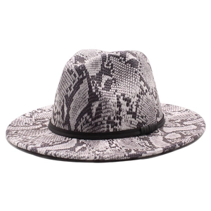 Fashionable wide brim felt fedora hat with snake skin pattern and black band