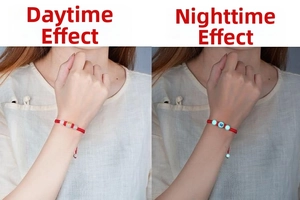 Luminous beads on hand-woven red rope bracelet showing day and night glowing effects