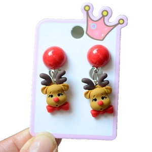 Festive Christmas reindeer earrings with red bow and ball stud shown on display card