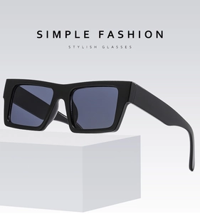 Detailed side view of black thick-frame square sunglasses on a white minimalist pedestal
