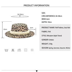 Flat top leopard print wool fedora hat for women with pearl trim and size dimensions
