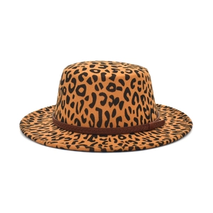Flat top leopard print wool fedora hat with wide brim and braided decorative band