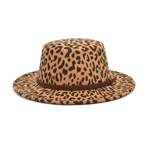 Vintage Women Leopard Print Flat Top Fedora Hat Woolen Felt Wide Brim Jazz Boater Hat With Braided Band Travel Outdoor Hat