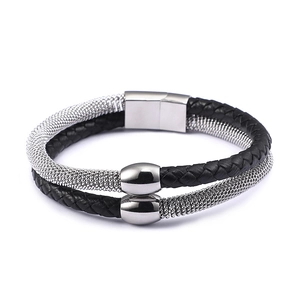 Double-layer braided leather bracelet with silver metal mesh rope and magnetic clasp