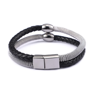 Double-layer braided black leather and silver mesh bracelet with magnetic metal clasp