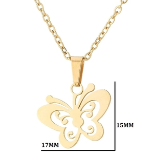 Gold stainless steel butterfly pendant necklace with 17mm width and 15mm height dimensions