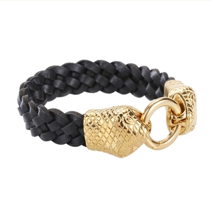 Men's punk braided leather bracelet with gold double snake heads and steel clasp