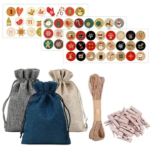 24-piece Christmas advent calendar DIY set with burlap drawstring bags and number stickers