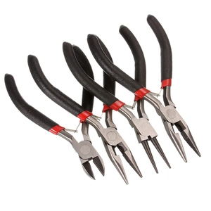 Set of five precision craft pliers with red and black handles on a white background