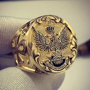 Men Vintage Alloy Signet Ring Gold Plated Double Headed Eagle Masonic Scottish Rite Style Hip Hop Jewelry