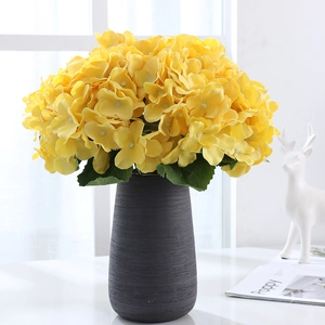Bright yellow artificial hydrangea silk bouquet in a textured gray vase for home decor