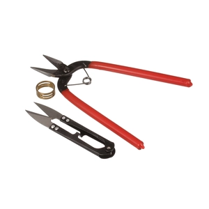 Three-piece sewing set with red long scissors, black U-snips, and golden thimble ring