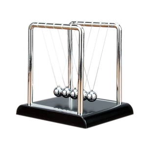 Square Newton's Cradle balance balls with 5 silver metal spheres on a black rectangular base