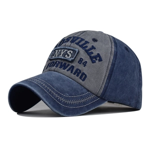Vintage NYS embroidery washed cotton baseball cap in blue and grey distressed denim