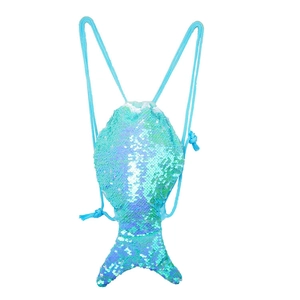 Detail of blue sequin mermaid tail drawstring backpack with woven shoulder straps