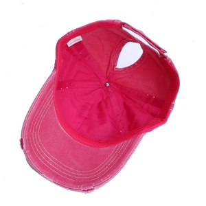 Distressed rose red cotton baseball cap with ponytail hole and silver glitter coating