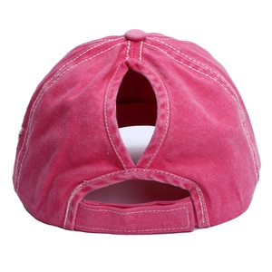Distressed hot pink ponytail baseball cap with silver coating and five-star patch back view