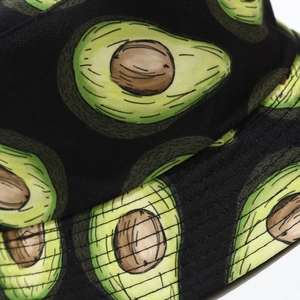 Close-up of black bucket hat featuring cute cartoon avocado prints and detailed stitching