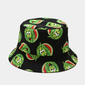 Detail shot of black bucket hat with funny cartoon watermelon pattern and soft cotton texture