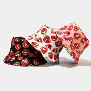 Women's cotton bucket hats with strawberry print in black, white and pink colors