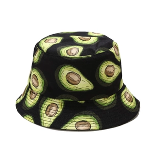 Classic black bucket hat with hand-painted avocado prints for women's outdoor sun protection