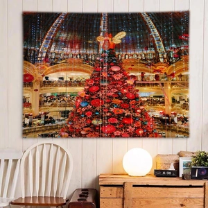 Festive Christmas tree wall tapestry hanging in cozy bedroom with luxury mall scene print