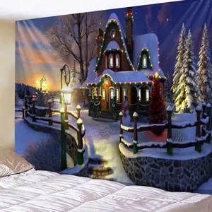 Tapiz de Navidad con cabaña de bosque nevado y luces para decoración de pared festiva