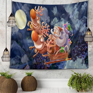 Tapiz De Navidad Para Colgar En La Pared Poliéster Decoración Papá Noel Reno Escena De Nieve Cielo Nocturno Fondo Fiesta